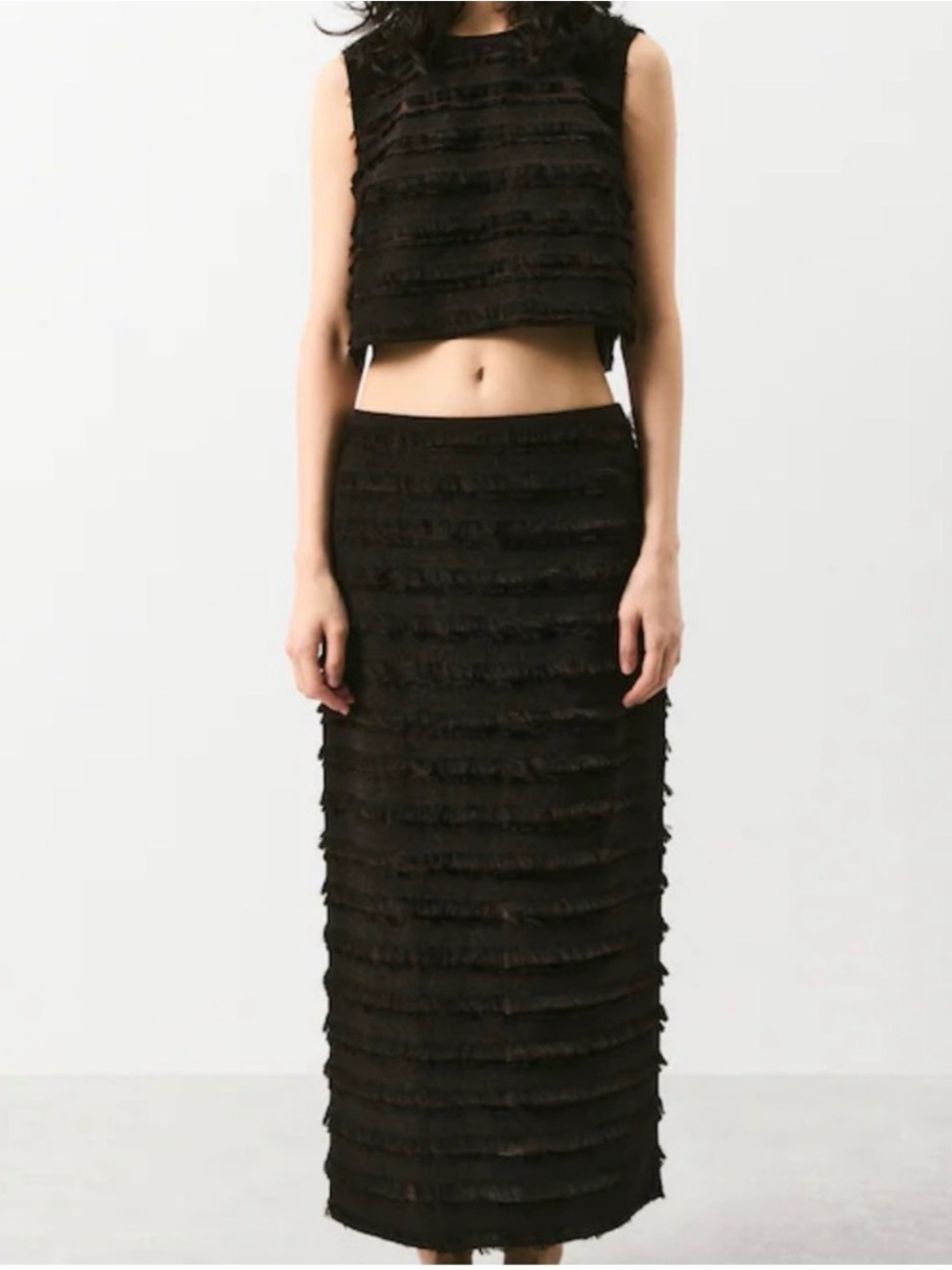 Dark Brown Fringe-trimmed Maxi Skirt